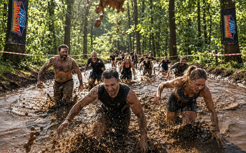Visualisierung des Mud Run mit Teilnehmenden in einer schlammigen Waldpassage beim Hotfoot Run Bad Hönningen 2026
