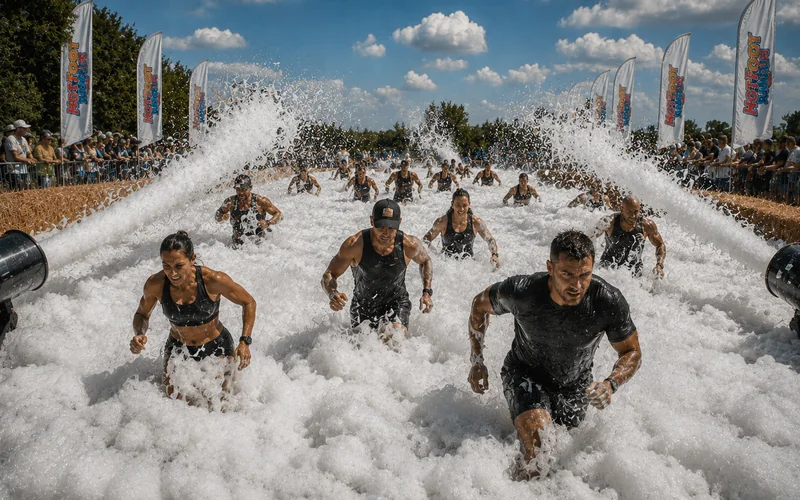 Visualisierung der Schaumparty mit Teilnehmenden in dichtem Schaum beim Hotfoot Run Bad Hönningen 2026
