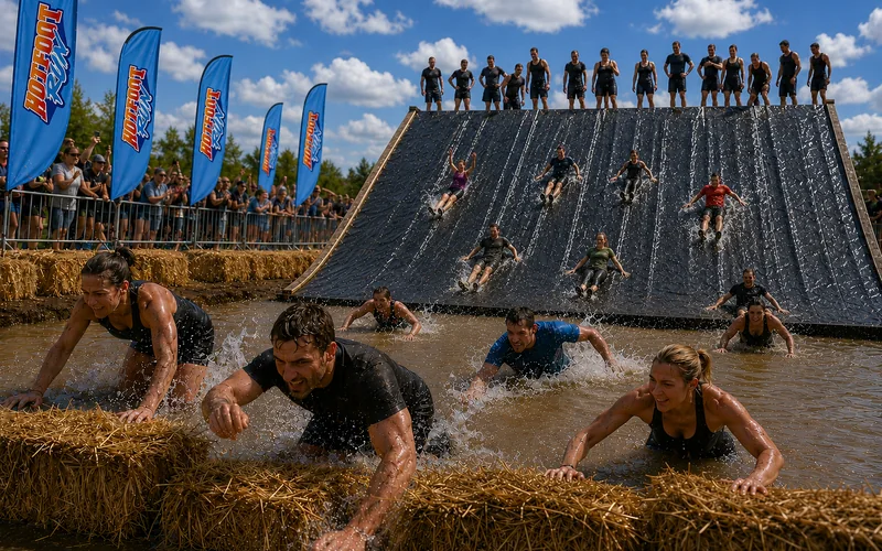 Visualisierung des Hindernisses Slide Stallone mit großer Rutsche und Wasserbecken beim Hotfoot Run Bad Hönningen 2026