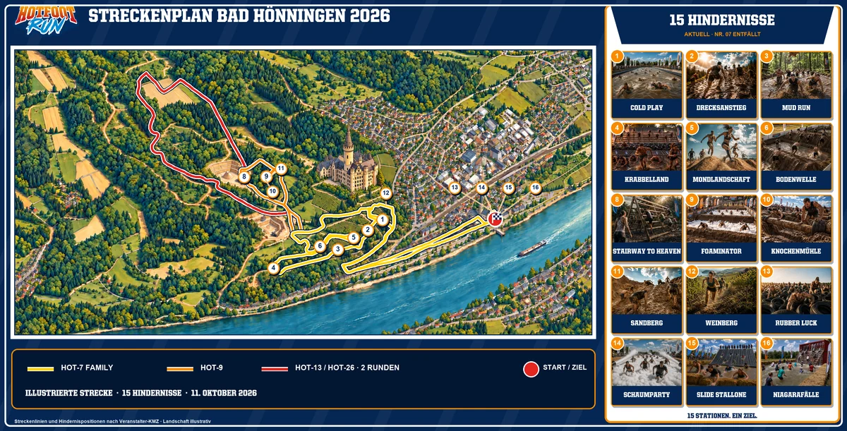 Illustrierter Streckenplan des Hotfoot Run Bad Hönningen 2026 mit HOT-7 Family, HOT-9, HOT-13, HOT-26, Start, Ziel und 15 Hindernissen