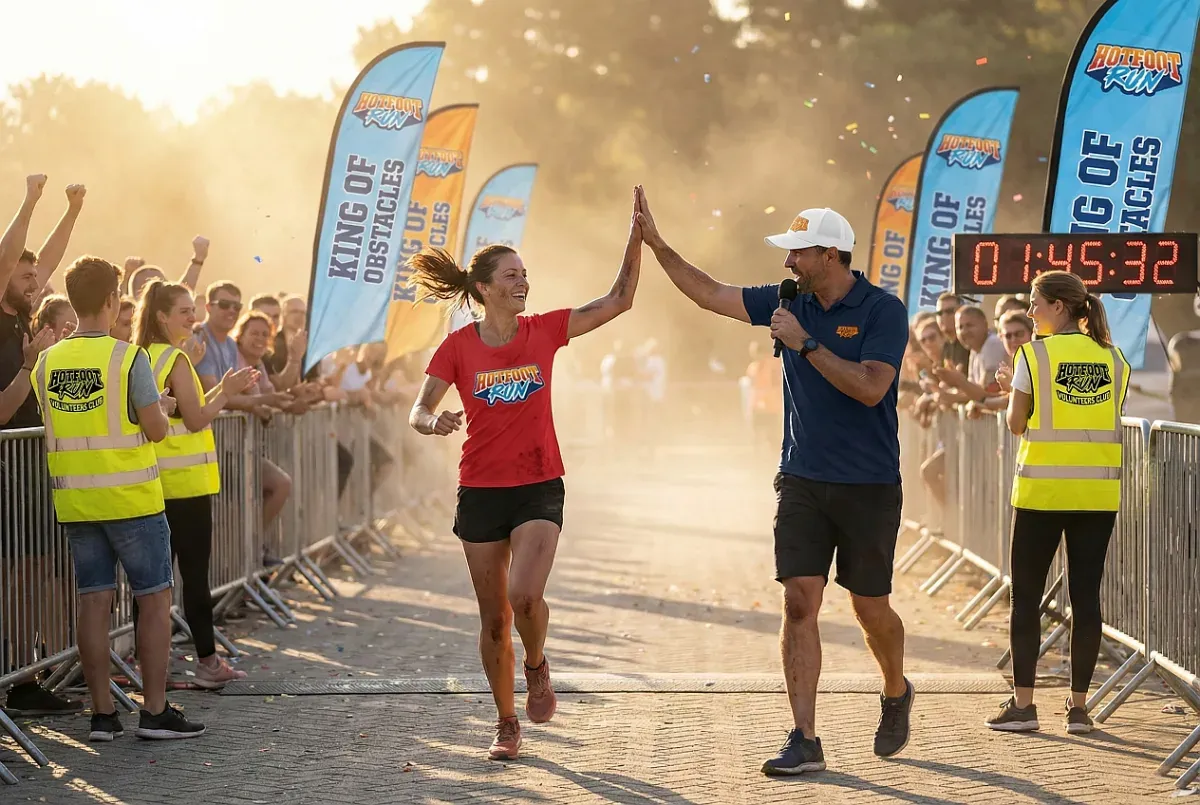 Volunteer begrüßt einen Finisher im Ziel