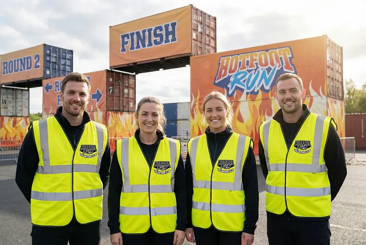Hotfoot Run Volunteers gemeinsam vor dem Zieleinlauf